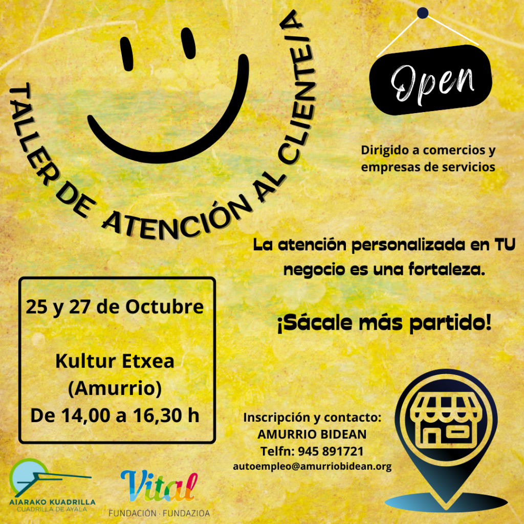 Cartel_castellano-1024x1024 La Cuadrilla de Aiaraldea ofrece un taller de atención al cliente/a dirigido a comercios y empresas de servicios de la comarca