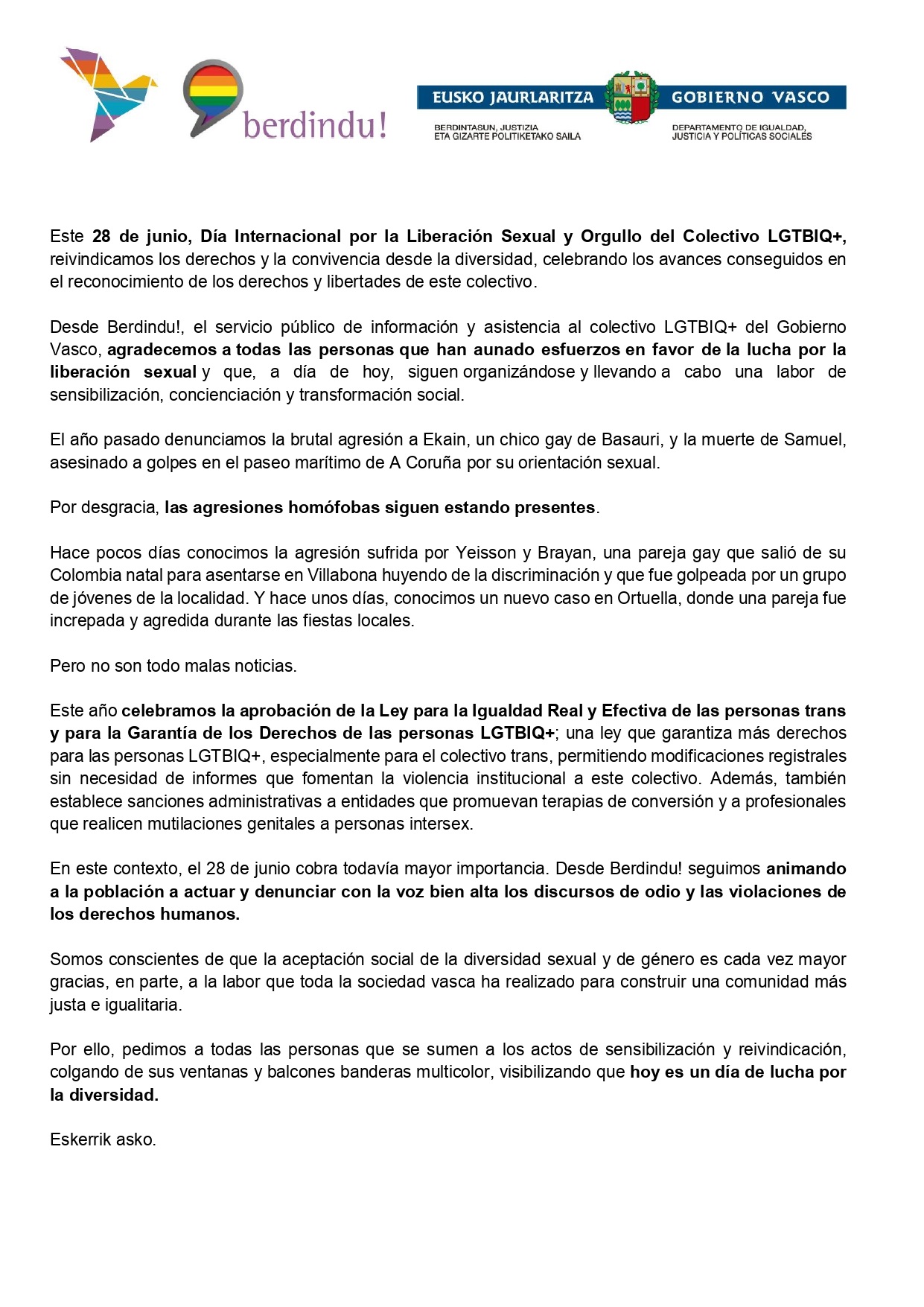 28-junio 28 de junio, Día Internacional por la Liberación Sexual y Orgullo del Colectivo LGTBIQ+