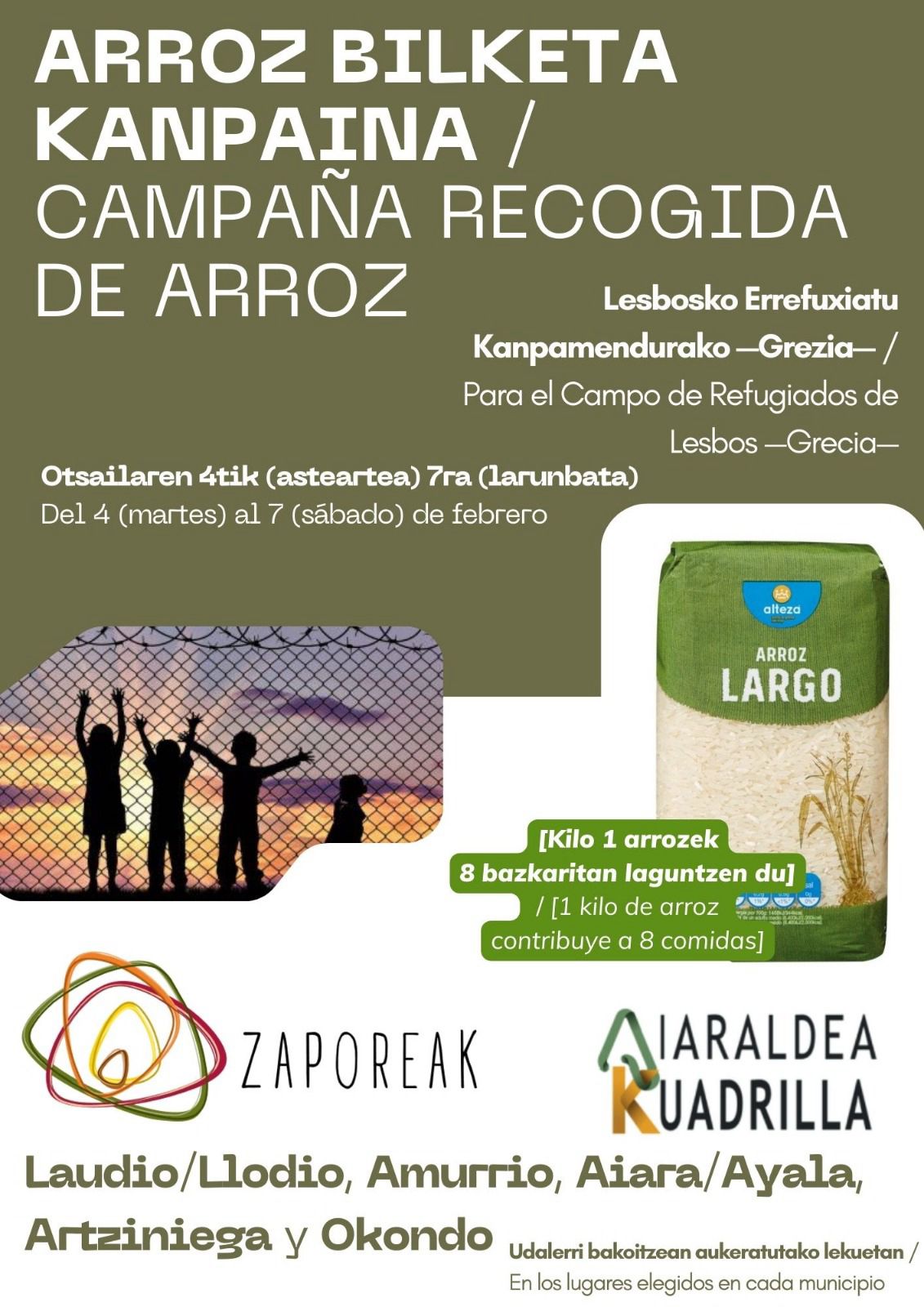 Arroz-bilketa La Cuadrilla de Aiaraldea impulsa una campaña solidaria de recogida de arroz en apoyo al proyecto Zaporeak
