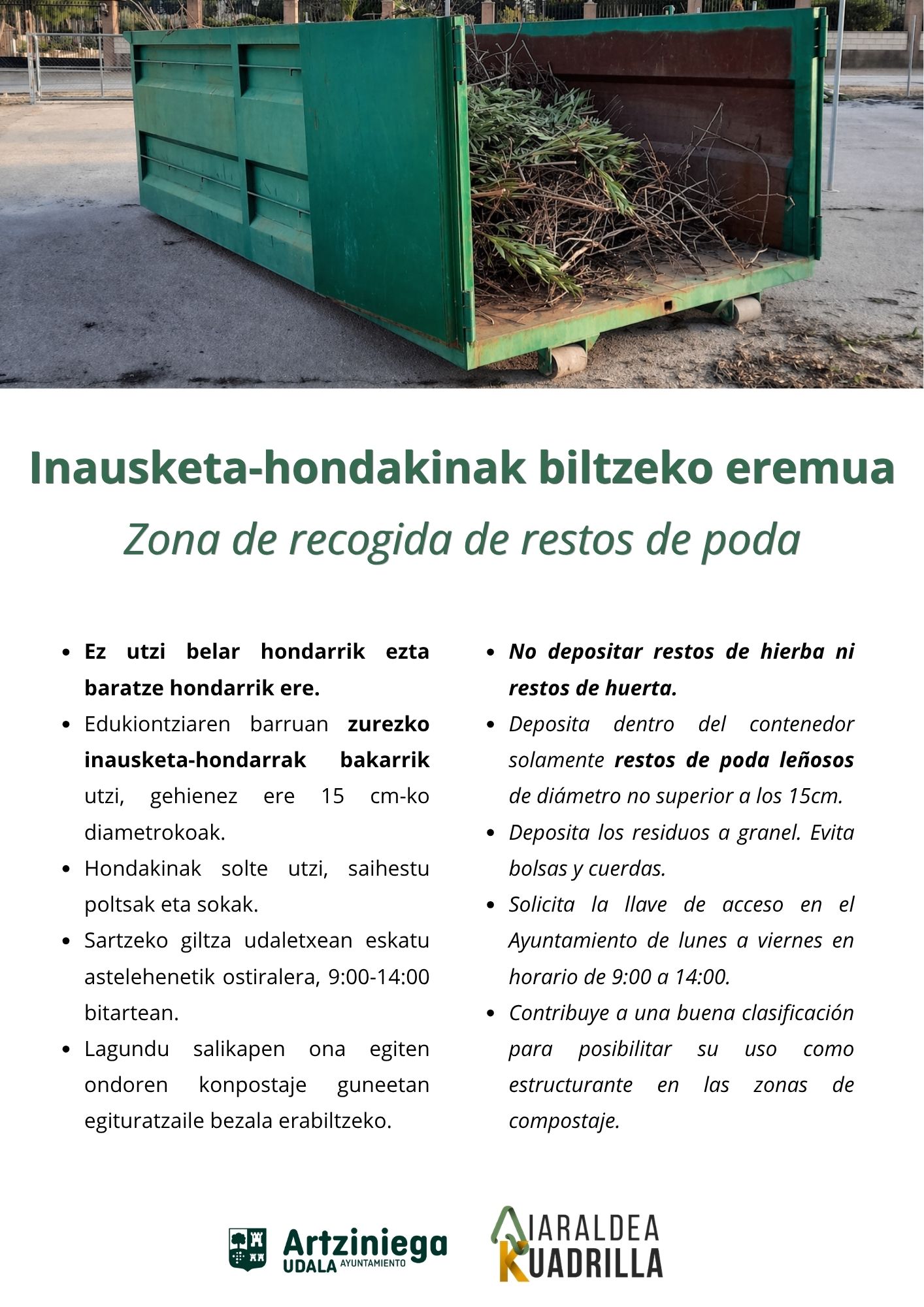 Podak-Artziniega-4 Aiaraldeko Kuadrillak inausketako hondakinak biltzeko gune berria jarri du Artziniegan